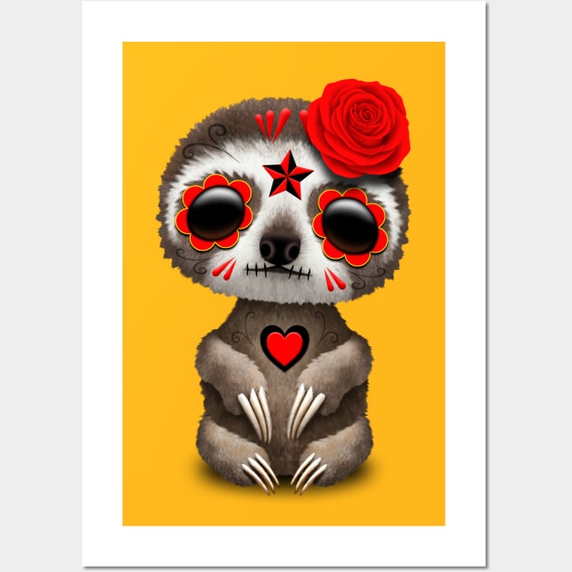 Red Day of the Dead Sugar Skull Baby Sloth Wall Art by jeffbartels